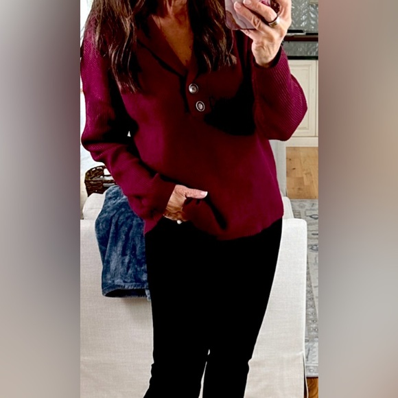 Sweater, notch collar, button trim, Oversize, Shaker knit, Wine XL - Picture 5 of 9